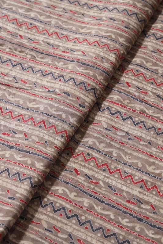 AIzaSyBcstauz-XMPRhEY21AUzeo032pxrXB5Ug - Dusty Brown And Light Beige Stripes Print On Viscose Chanderi Silk Fabric