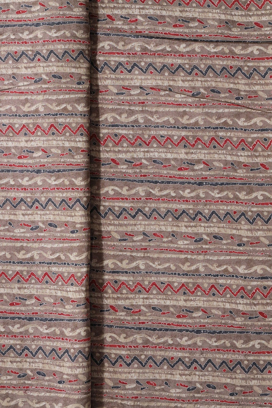 AIzaSyBcstauz-XMPRhEY21AUzeo032pxrXB5Ug - Dusty Brown And Light Beige Stripes Print On Viscose Chanderi Silk Fabric