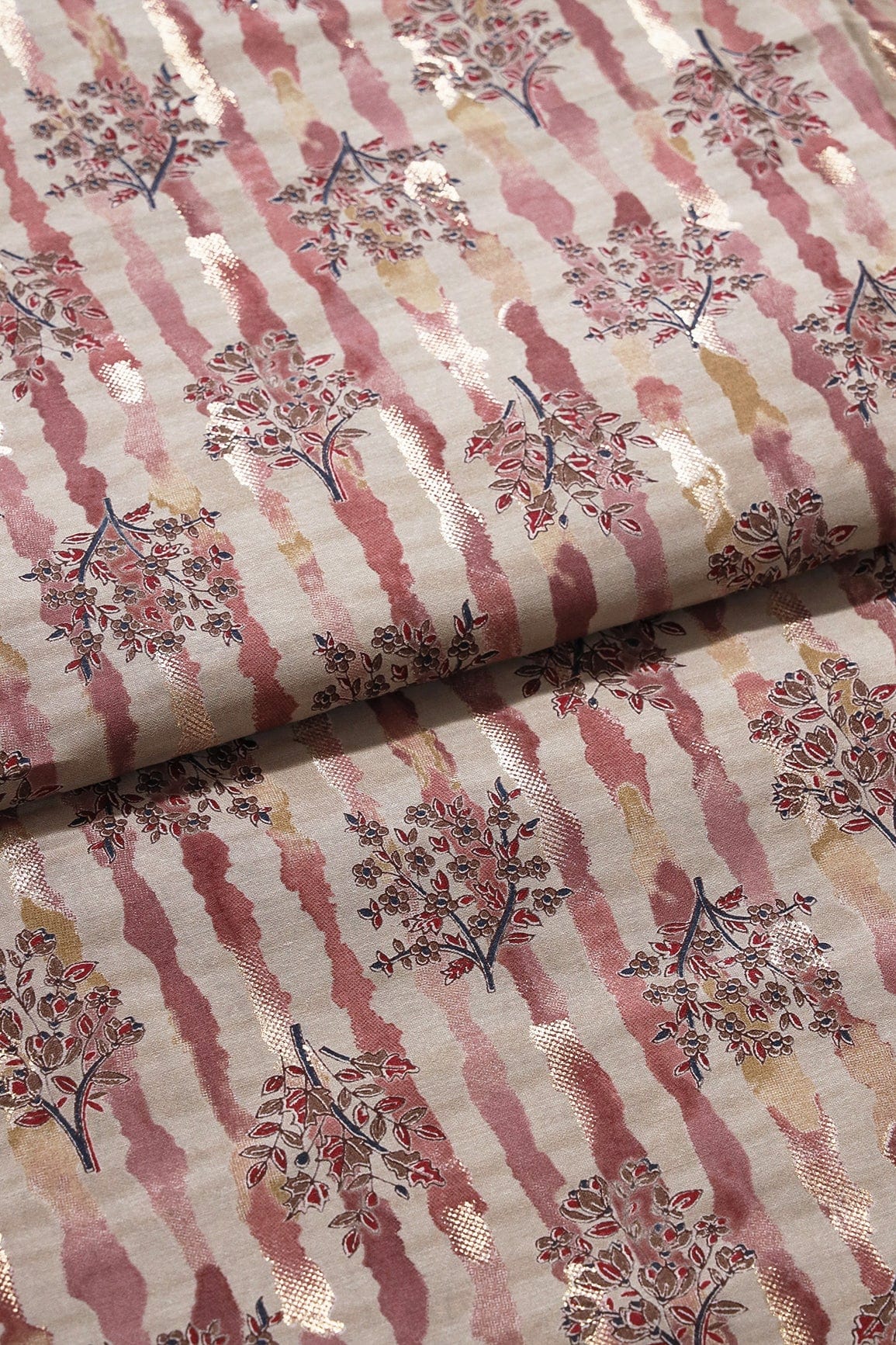 AIzaSyBcstauz-XMPRhEY21AUzeo032pxrXB5Ug - Dusty Pink And Light Beige Foil Floral Print On Viscose Chanderi Silk Fabric
