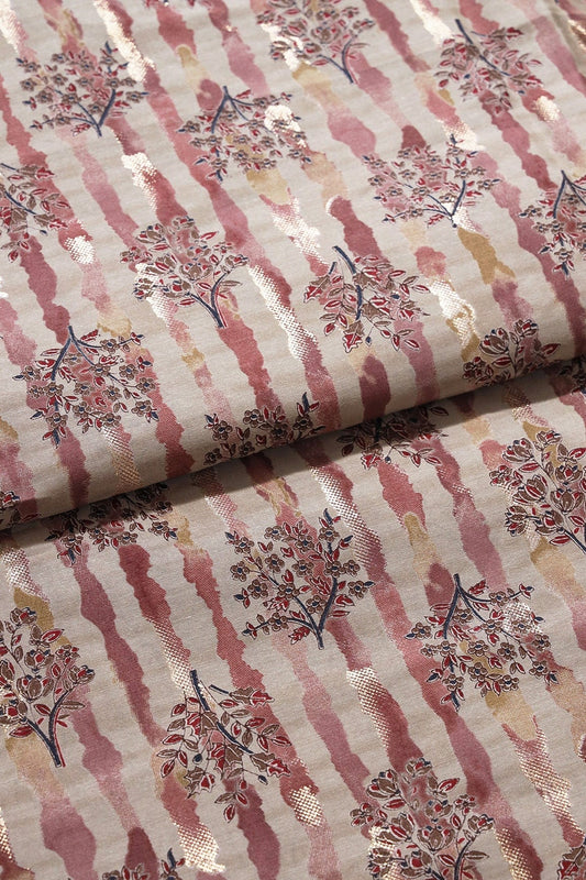 AIzaSyBcstauz-XMPRhEY21AUzeo032pxrXB5Ug - Dusty Pink And Light Beige Foil Floral Print On Viscose Chanderi Silk Fabric