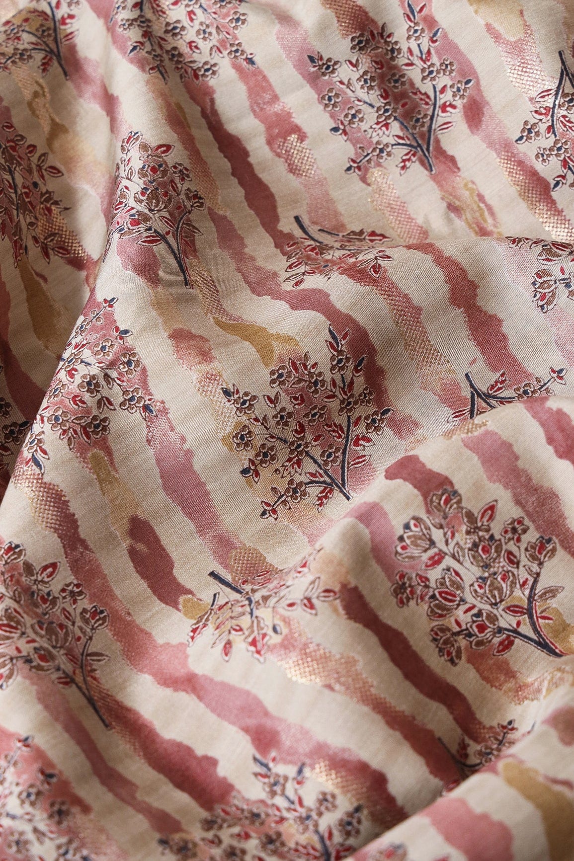 AIzaSyBcstauz-XMPRhEY21AUzeo032pxrXB5Ug - Dusty Pink And Light Beige Foil Floral Print On Viscose Chanderi Silk Fabric