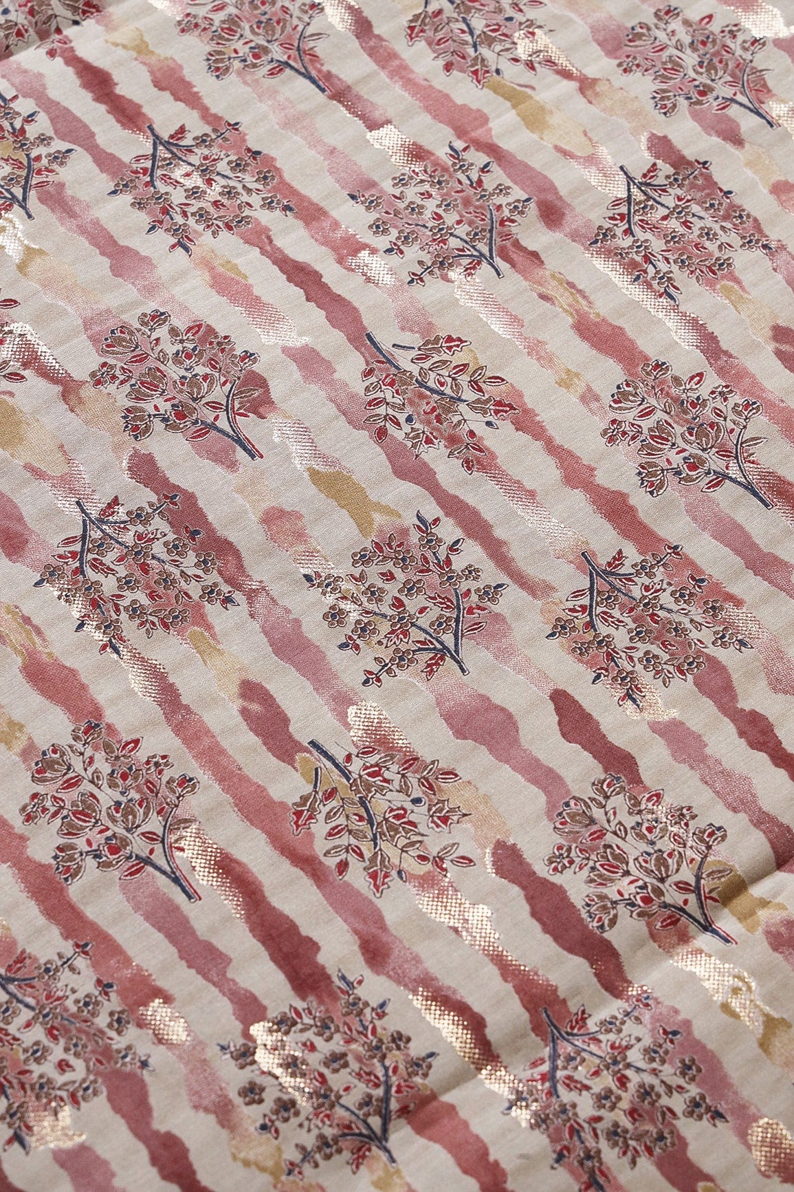 AIzaSyBcstauz-XMPRhEY21AUzeo032pxrXB5Ug - Dusty Pink And Light Beige Foil Floral Print On Viscose Chanderi Silk Fabric