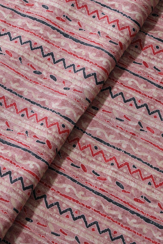 AIzaSyBcstauz-XMPRhEY21AUzeo032pxrXB5Ug - Dusty Pink And Light Beige Stripes Print On Viscose Chanderi Silk Fabric