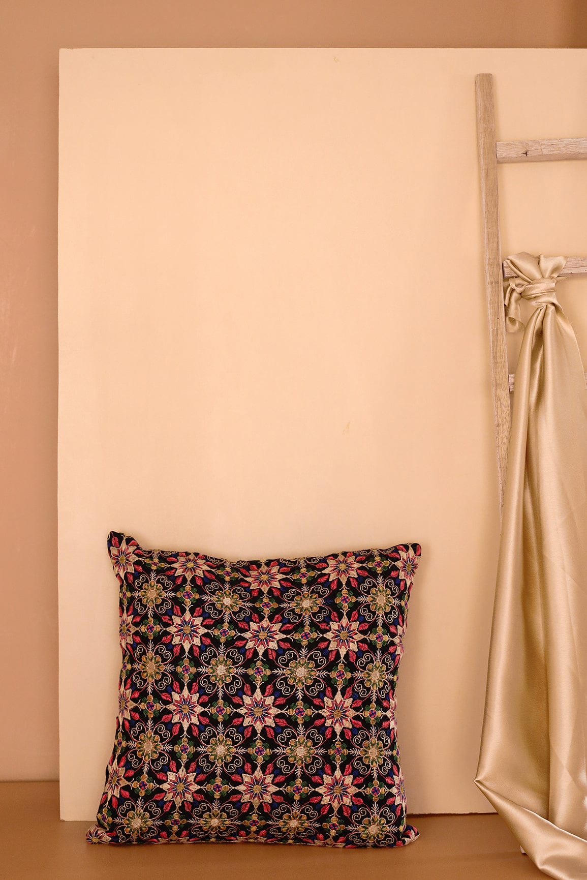 AIzaSyBcstauz-XMPRhEY21AUzeo032pxrXB5Ug - Elegant Floral Embroidery on Black cotton Cushion Cover (16*16 inches)