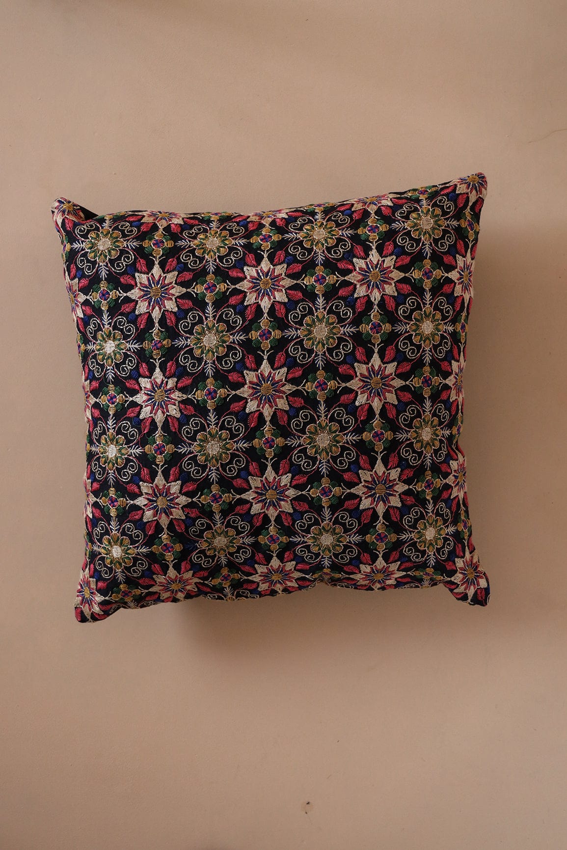 AIzaSyBcstauz-XMPRhEY21AUzeo032pxrXB5Ug - Elegant Floral Embroidery on Black cotton Cushion Cover (16*16 inches)