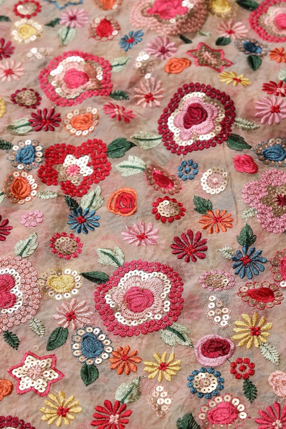 AIzaSyBcstauz-XMPRhEY21AUzeo032pxrXB5Ug - Elegant Floral Heavy Embroidery With Gold Sequins On Beige Viscose Georgette Fabric