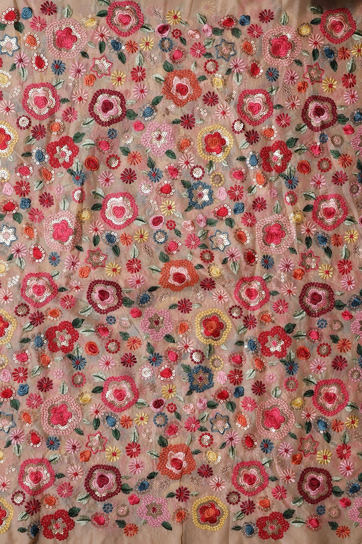 AIzaSyBcstauz-XMPRhEY21AUzeo032pxrXB5Ug - Elegant Floral Heavy Embroidery With Gold Sequins On Beige Viscose Georgette Fabric