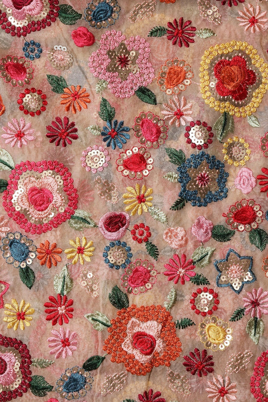 AIzaSyBcstauz-XMPRhEY21AUzeo032pxrXB5Ug - Elegant Floral Heavy Embroidery With Gold Sequins On Beige Viscose Georgette Fabric