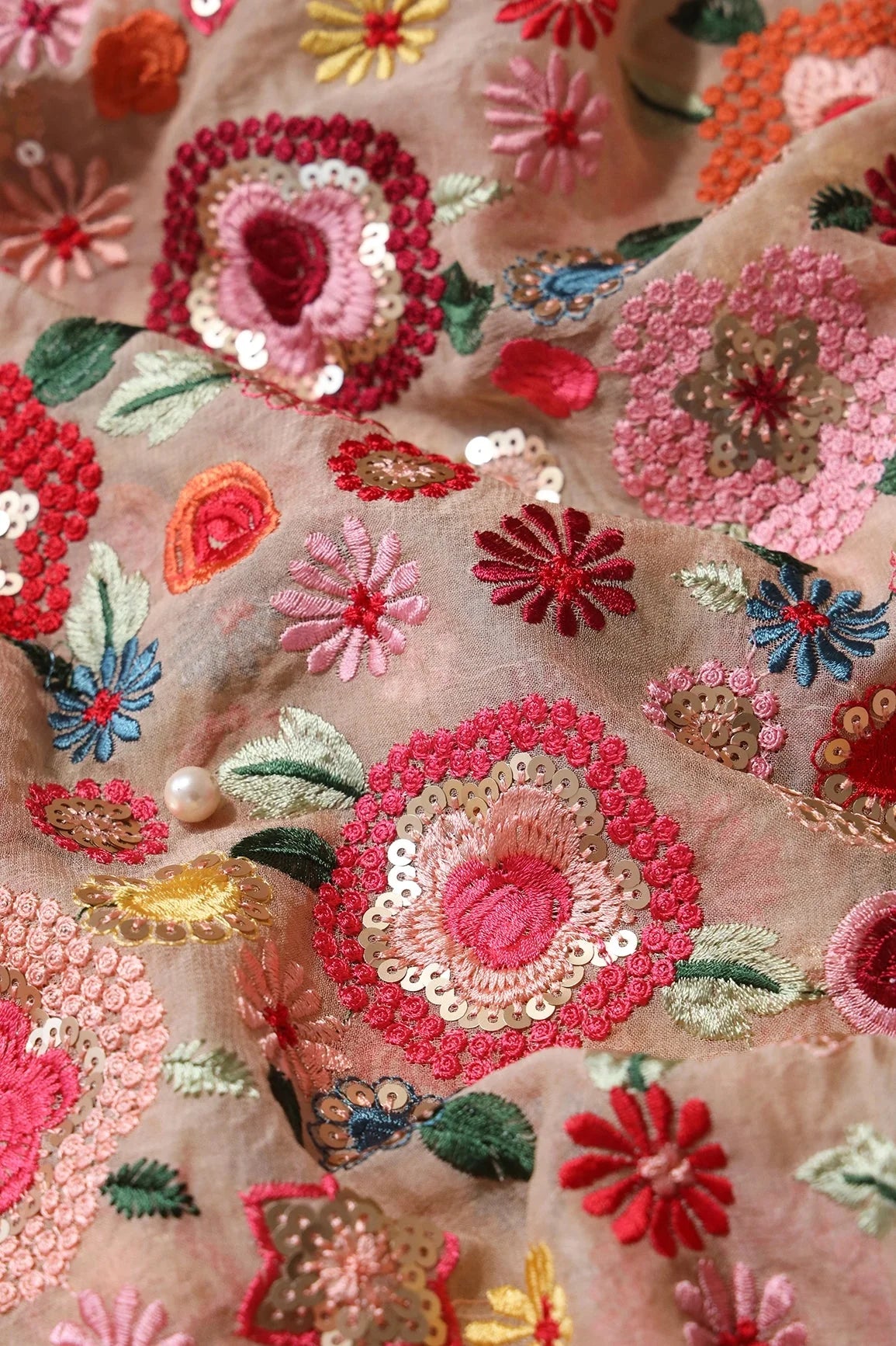 AIzaSyBcstauz-XMPRhEY21AUzeo032pxrXB5Ug - Elegant Floral Heavy Embroidery With Gold Sequins On Beige Viscose Georgette Fabric