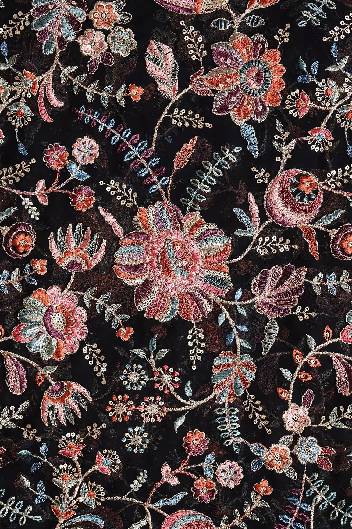 AIzaSyBcstauz-XMPRhEY21AUzeo032pxrXB5Ug - Elegant Floral Heavy Embroidery With Gold Sequins On Black Georgette Fabric