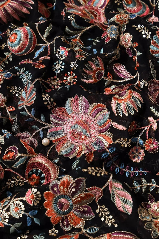 AIzaSyBcstauz-XMPRhEY21AUzeo032pxrXB5Ug - Elegant Floral Heavy Embroidery With Gold Sequins On Black Georgette Fabric