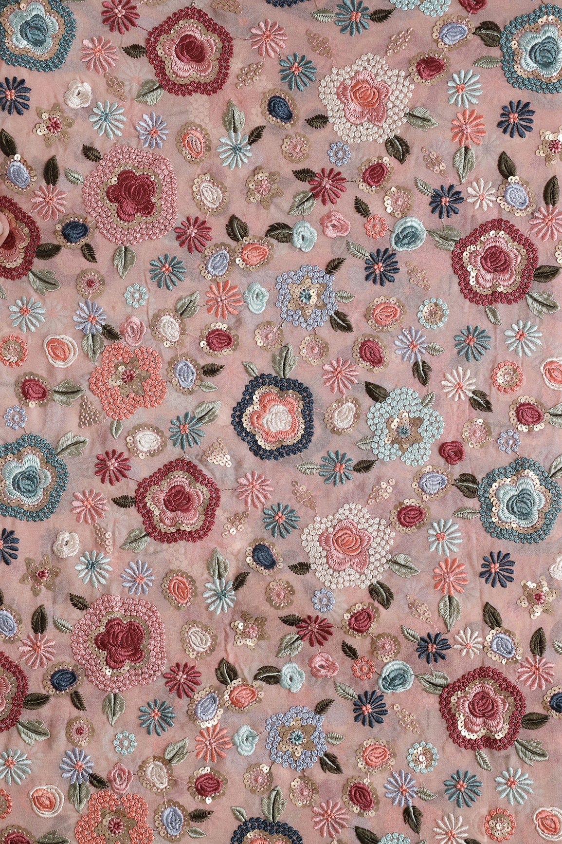 AIzaSyBcstauz-XMPRhEY21AUzeo032pxrXB5Ug - Elegant Floral Heavy Embroidery With Gold Sequins On Peach Viscose Georgette Fabric