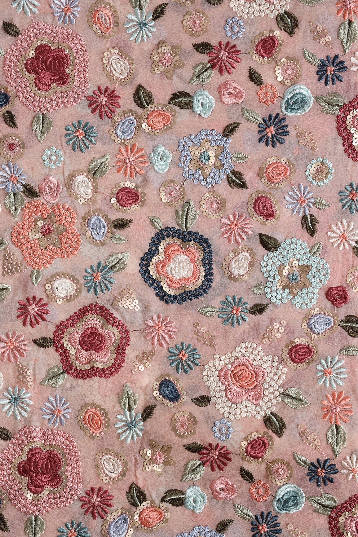 AIzaSyBcstauz-XMPRhEY21AUzeo032pxrXB5Ug - Elegant Floral Heavy Embroidery With Gold Sequins On Peach Viscose Georgette Fabric