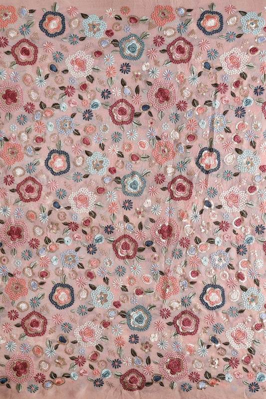 AIzaSyBcstauz-XMPRhEY21AUzeo032pxrXB5Ug - Elegant Floral Heavy Embroidery With Gold Sequins On Peach Viscose Georgette Fabric