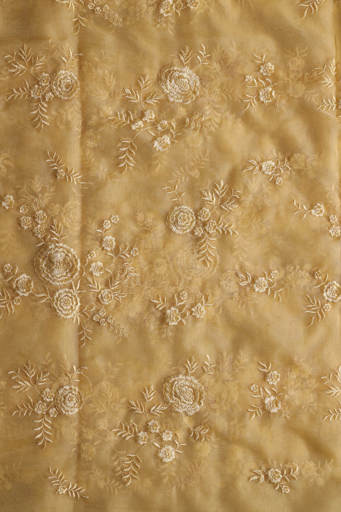 AIzaSyBcstauz-XMPRhEY21AUzeo032pxrXB5Ug - Elegant Floral Thread With Water Sequins Embroidery On Pastel Yellow Organza Fabric