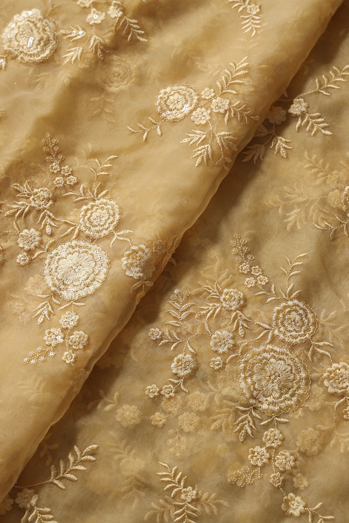 AIzaSyBcstauz-XMPRhEY21AUzeo032pxrXB5Ug - Elegant Floral Thread With Water Sequins Embroidery On Pastel Yellow Organza Fabric