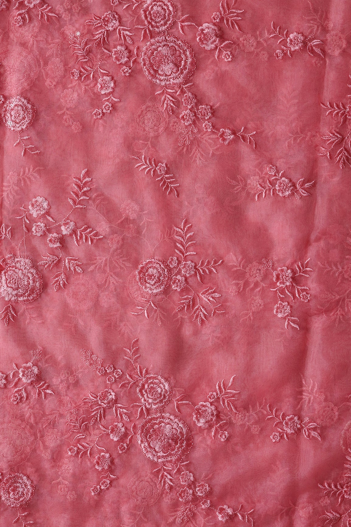 AIzaSyBcstauz-XMPRhEY21AUzeo032pxrXB5Ug - Elegant Floral Thread With Water Sequins Embroidery On Salmon Pink Organza Fabric