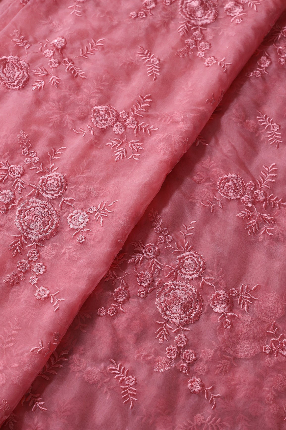 AIzaSyBcstauz-XMPRhEY21AUzeo032pxrXB5Ug - Elegant Floral Thread With Water Sequins Embroidery On Salmon Pink Organza Fabric
