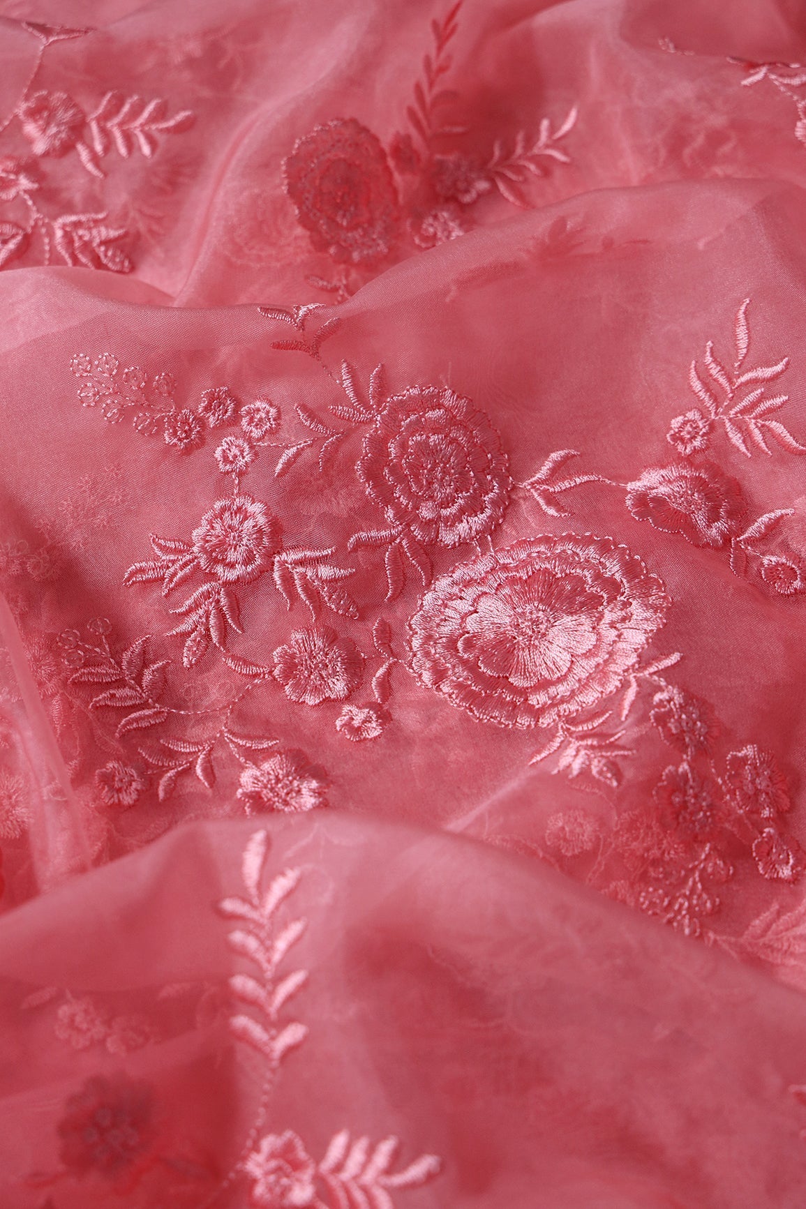 AIzaSyBcstauz-XMPRhEY21AUzeo032pxrXB5Ug - Elegant Floral Thread With Water Sequins Embroidery On Salmon Pink Organza Fabric