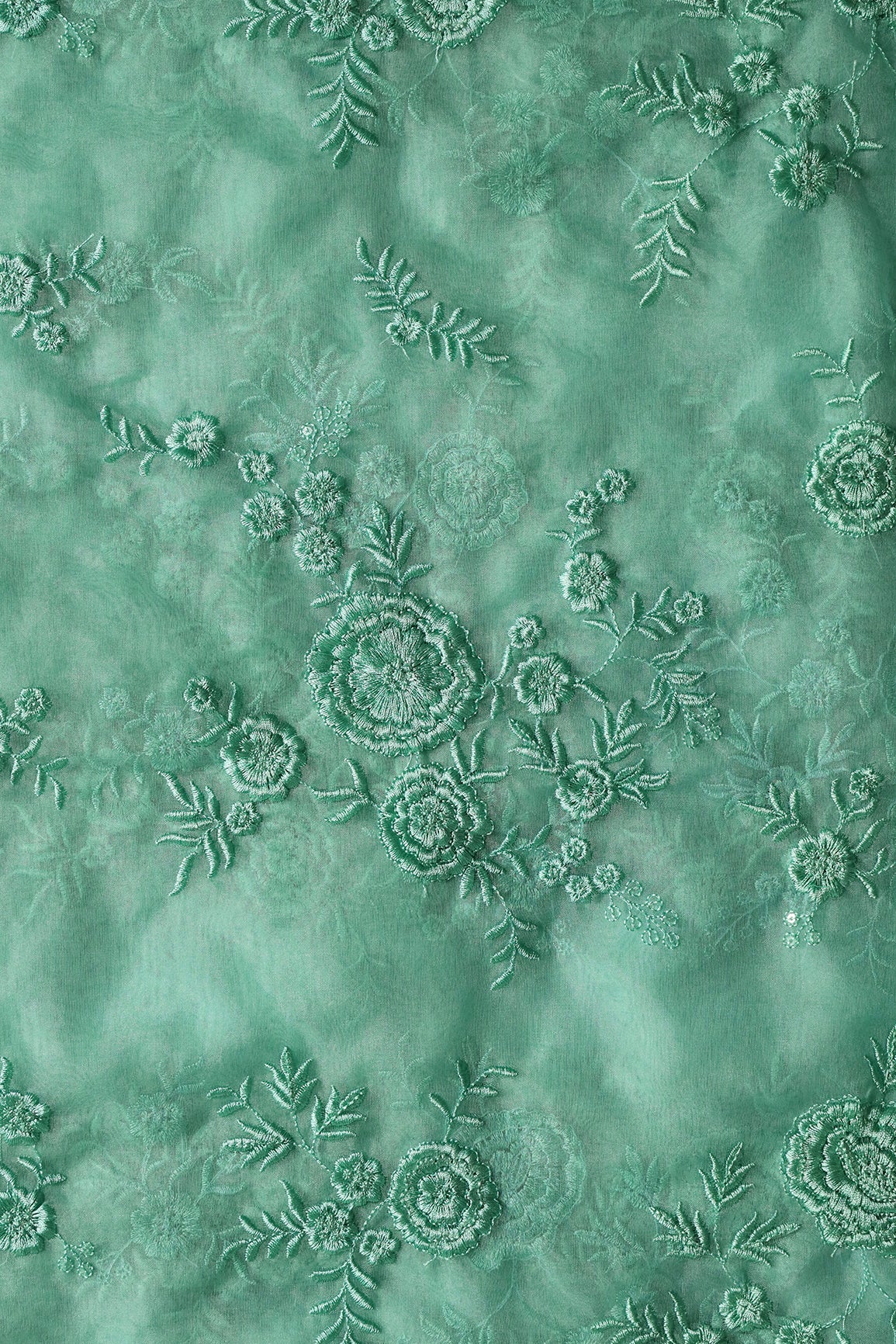AIzaSyBcstauz-XMPRhEY21AUzeo032pxrXB5Ug - Elegant Floral Thread With Water Sequins Embroidery On Teal Organza Fabric