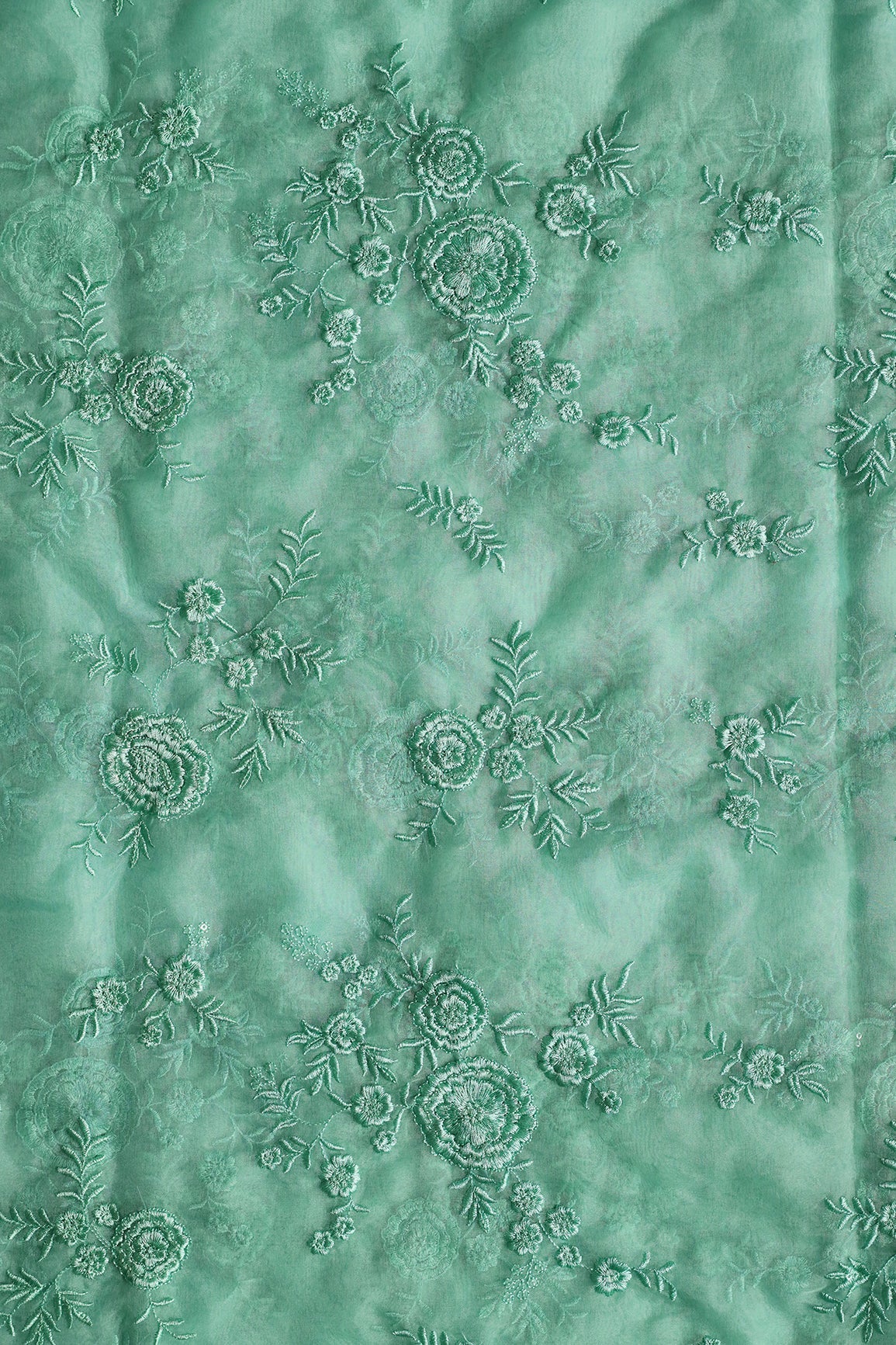 AIzaSyBcstauz-XMPRhEY21AUzeo032pxrXB5Ug - Elegant Floral Thread With Water Sequins Embroidery On Teal Organza Fabric