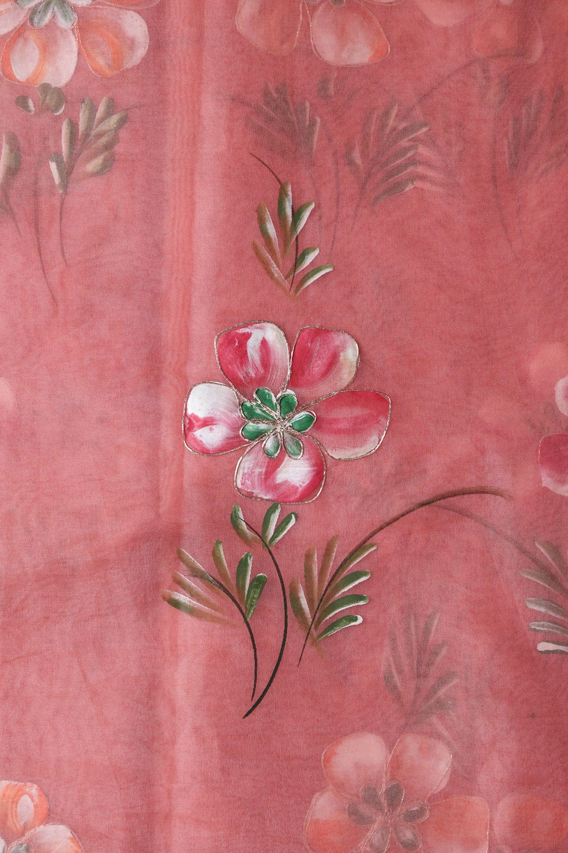 AIzaSyBcstauz-XMPRhEY21AUzeo032pxrXB5Ug - Beautiful Floral Hand Painted With Embroidery Work On Coral Pink Organza Fabric