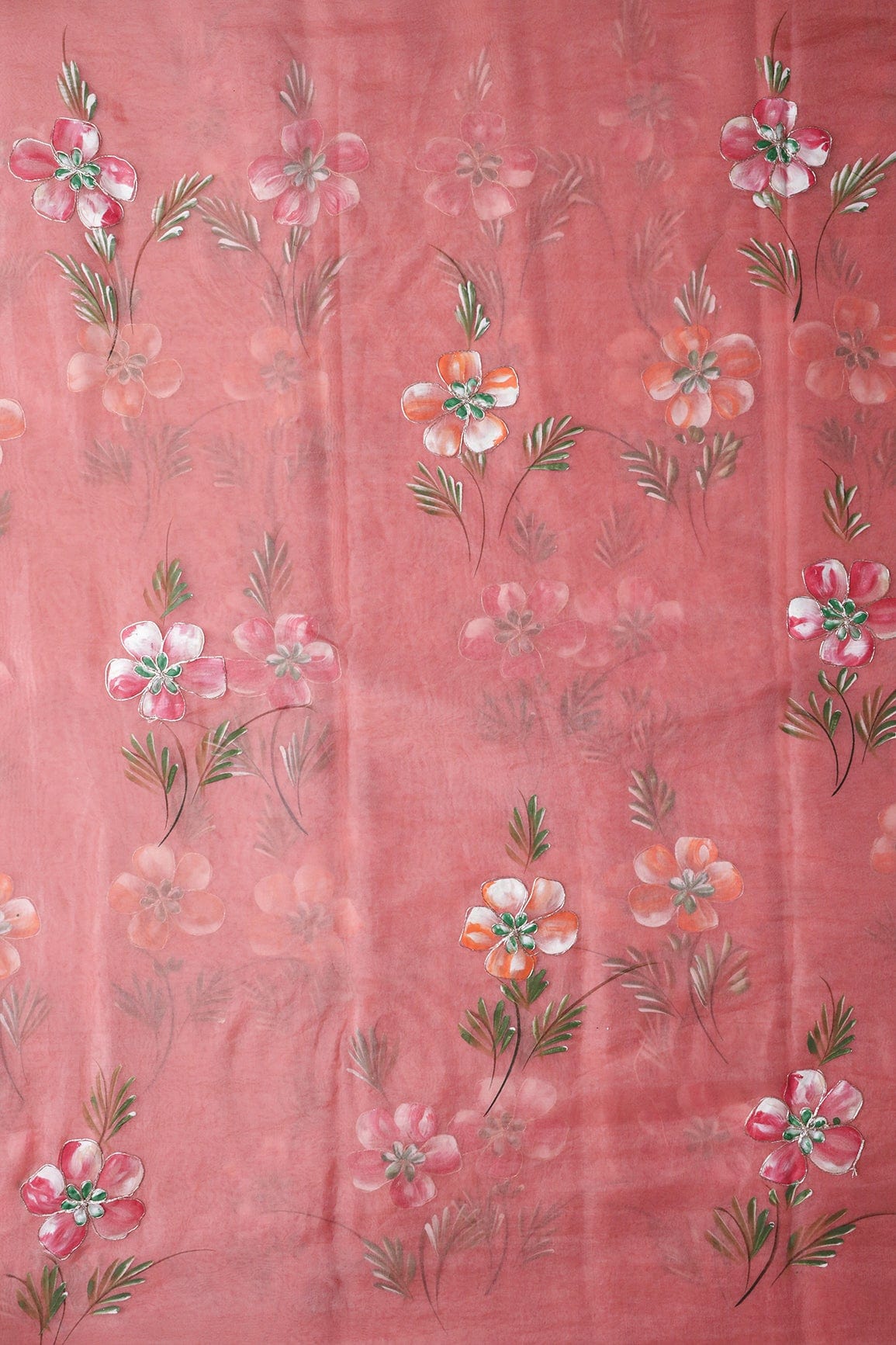 AIzaSyBcstauz-XMPRhEY21AUzeo032pxrXB5Ug - Beautiful Floral Hand Painted With Embroidery Work On Coral Pink Organza Fabric