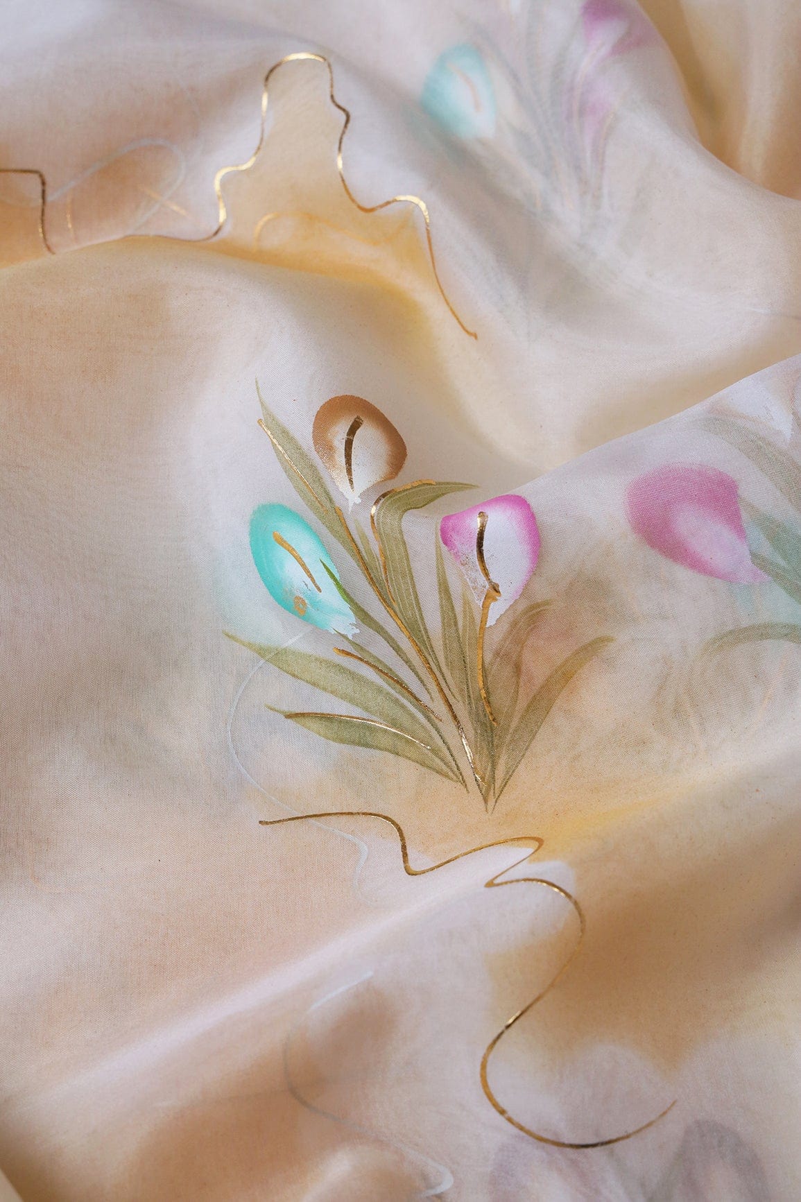 AIzaSyBcstauz-XMPRhEY21AUzeo032pxrXB5Ug - Beautiful Floral Hand Painted With Foil Work On Cream Organza Fabric