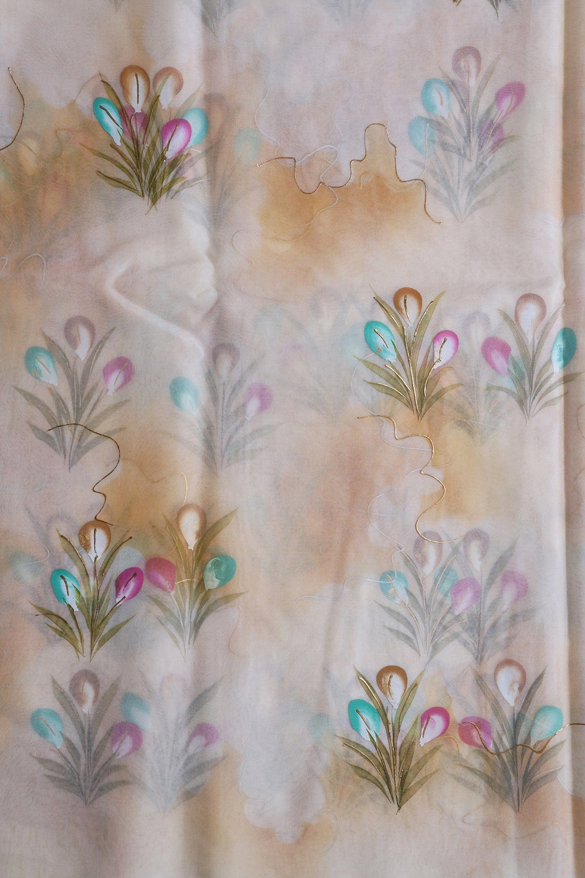 AIzaSyBcstauz-XMPRhEY21AUzeo032pxrXB5Ug - Beautiful Floral Hand Painted With Foil Work On Cream Organza Fabric