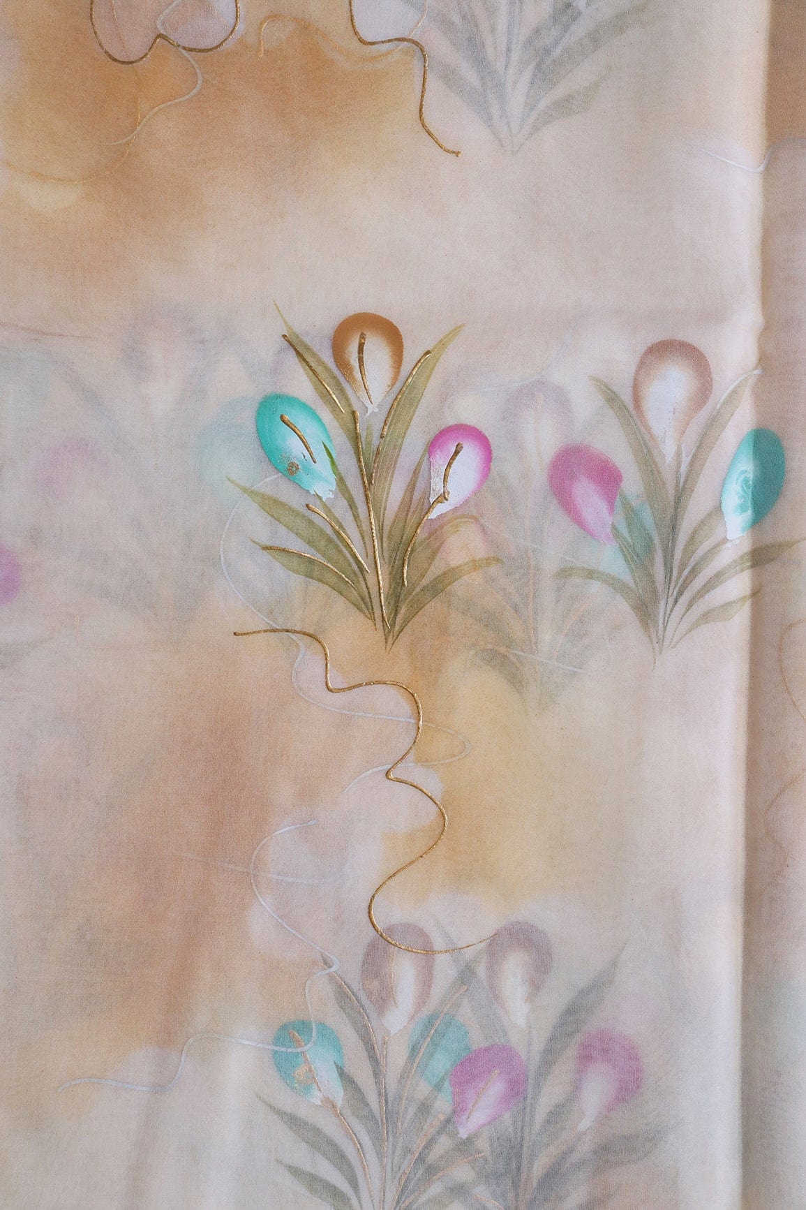 AIzaSyBcstauz-XMPRhEY21AUzeo032pxrXB5Ug - Beautiful Floral Hand Painted With Foil Work On Cream Organza Fabric