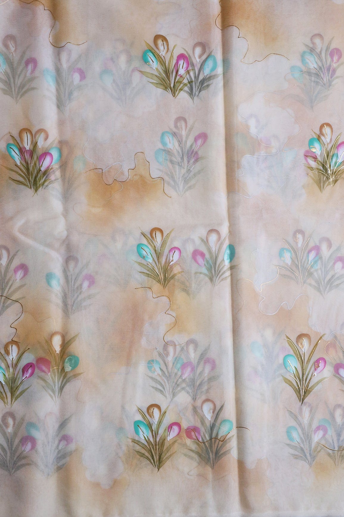 AIzaSyBcstauz-XMPRhEY21AUzeo032pxrXB5Ug - Beautiful Floral Hand Painted With Foil Work On Cream Organza Fabric
