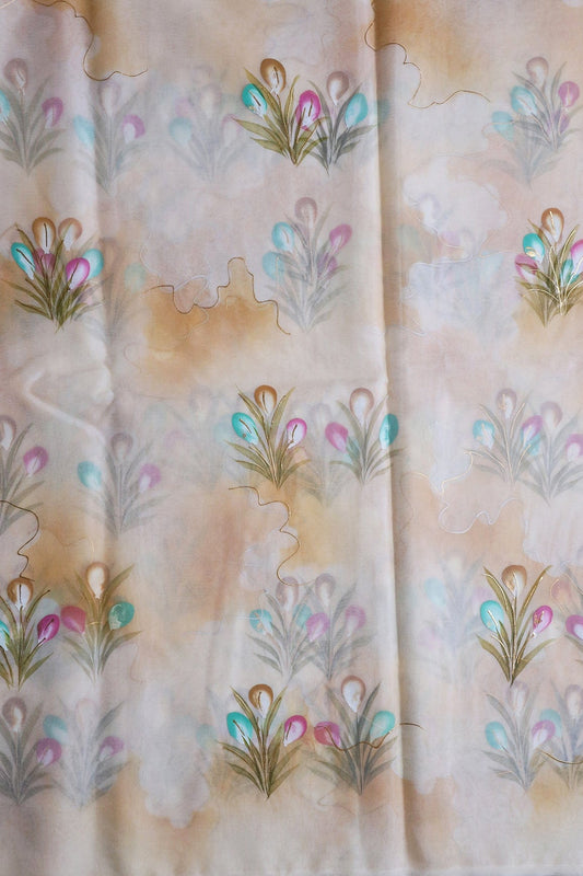 AIzaSyBcstauz-XMPRhEY21AUzeo032pxrXB5Ug - Beautiful Floral Hand Painted With Foil Work On Cream Organza Fabric