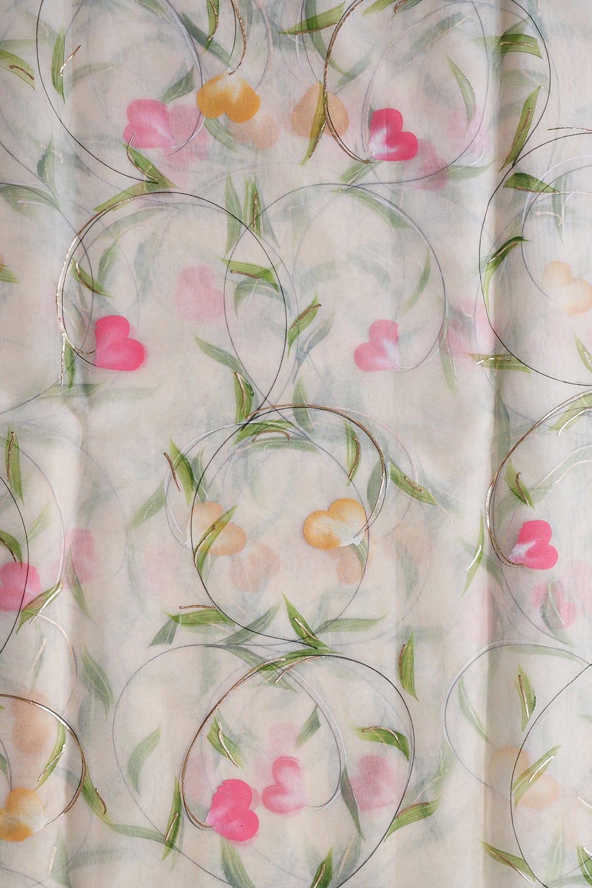 AIzaSyBcstauz-XMPRhEY21AUzeo032pxrXB5Ug - Beautiful Floral Hand Painted With Foil Work On Off White Organza Fabric