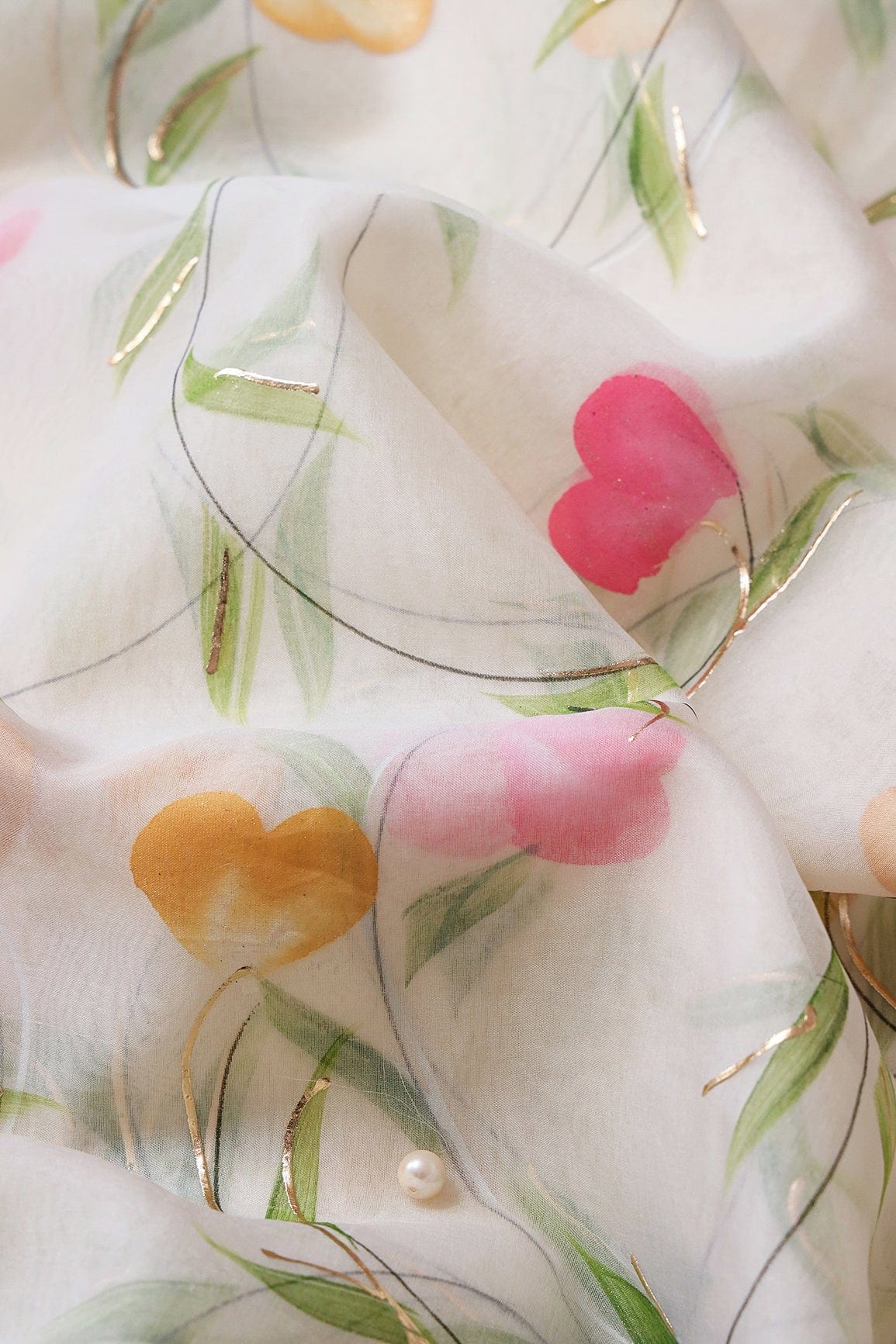 AIzaSyBcstauz-XMPRhEY21AUzeo032pxrXB5Ug - Beautiful Floral Hand Painted With Foil Work On Off White Organza Fabric