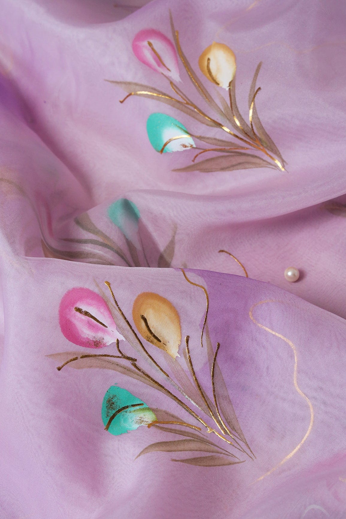 AIzaSyBcstauz-XMPRhEY21AUzeo032pxrXB5Ug - Beautiful Floral Hand Painted With Foil Work On Lavender Organza Fabric