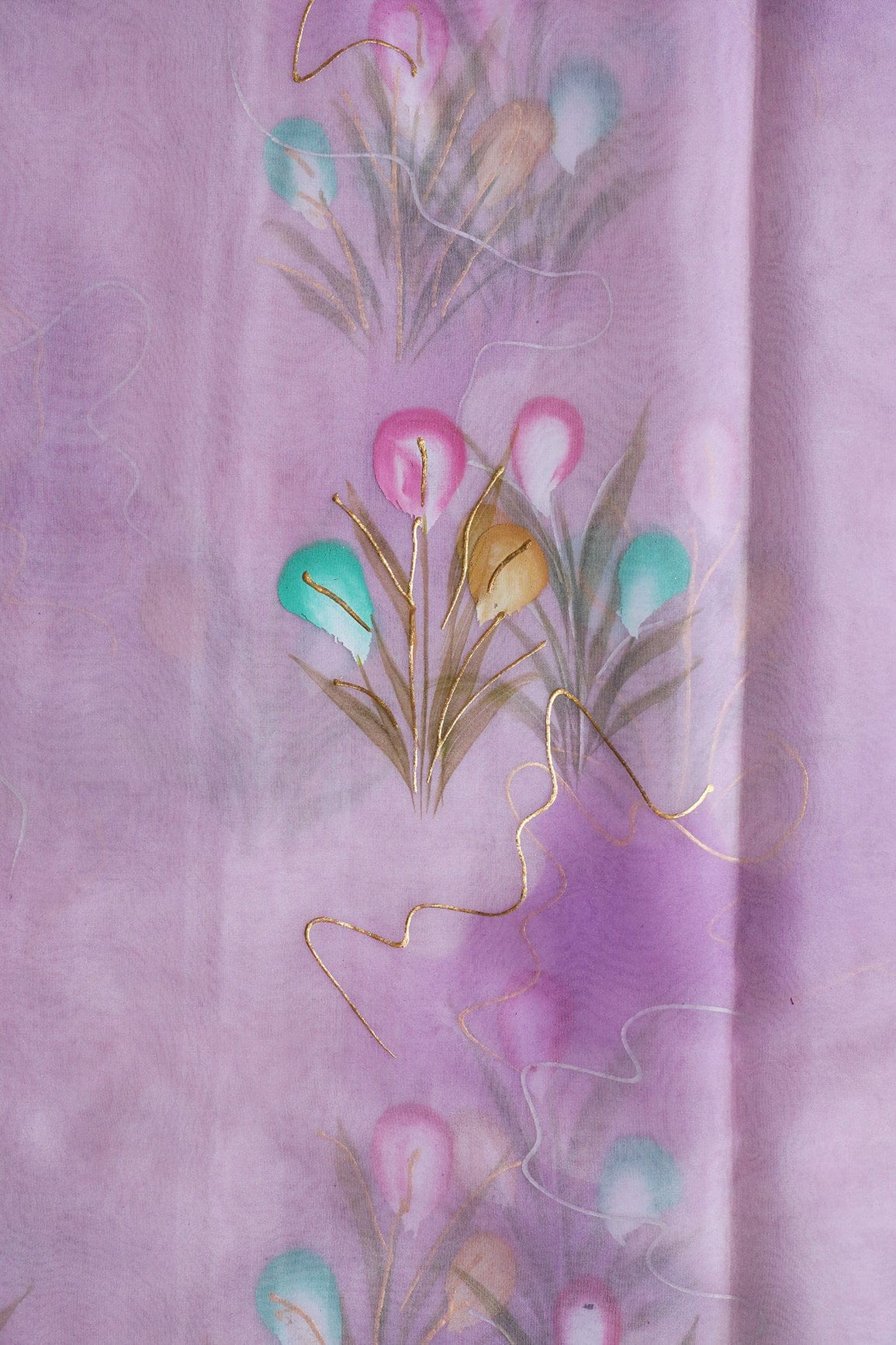AIzaSyBcstauz-XMPRhEY21AUzeo032pxrXB5Ug - Beautiful Floral Hand Painted With Foil Work On Lavender Organza Fabric