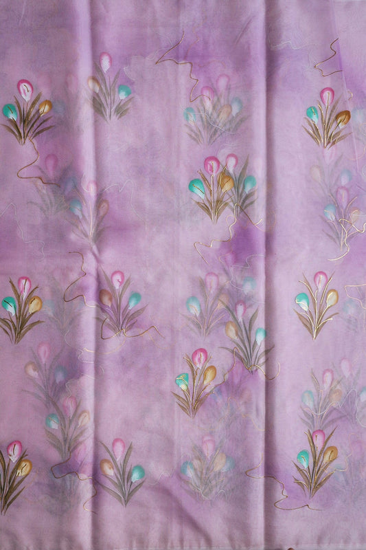 AIzaSyBcstauz-XMPRhEY21AUzeo032pxrXB5Ug - Beautiful Floral Hand Painted With Foil Work On Lavender Organza Fabric