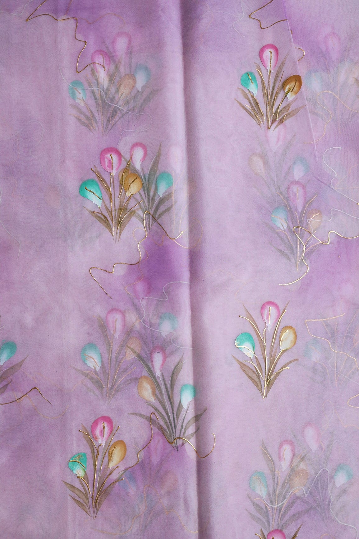 AIzaSyBcstauz-XMPRhEY21AUzeo032pxrXB5Ug - Beautiful Floral Hand Painted With Foil Work On Lavender Organza Fabric