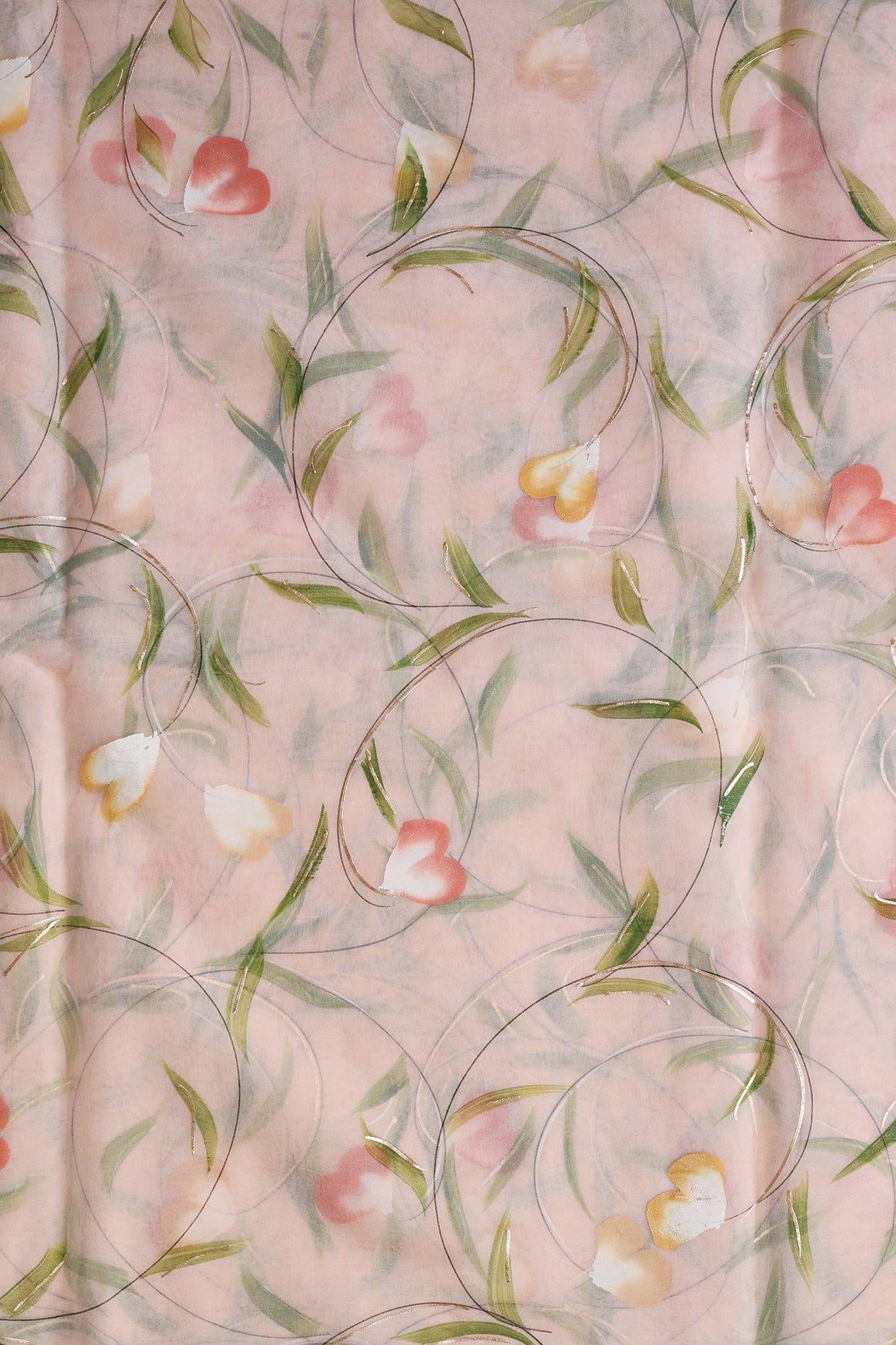 AIzaSyBcstauz-XMPRhEY21AUzeo032pxrXB5Ug - Beautiful Floral Hand Painted With Foil Work On Peach Organza Fabric