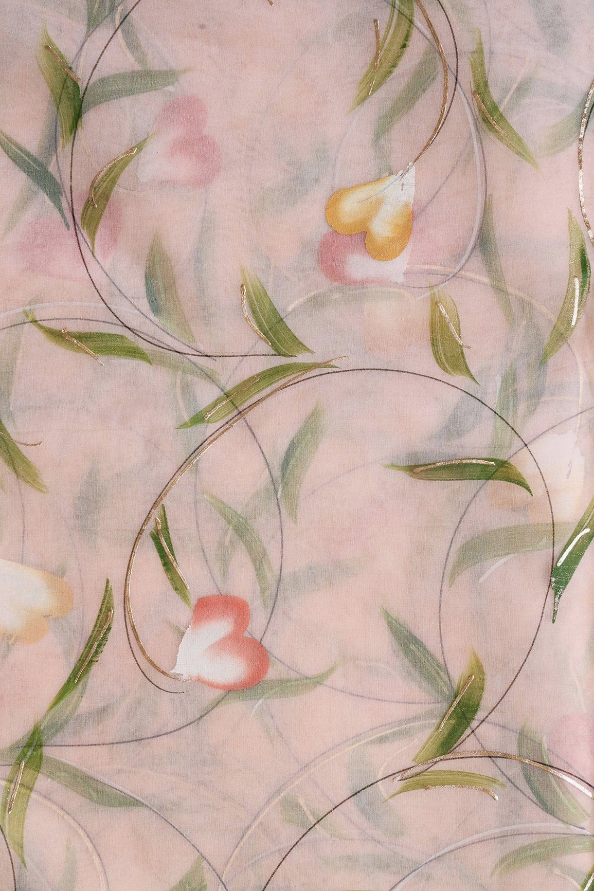 AIzaSyBcstauz-XMPRhEY21AUzeo032pxrXB5Ug - Beautiful Floral Hand Painted With Foil Work On Peach Organza Fabric