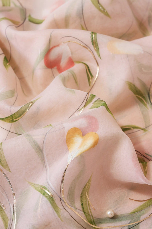 AIzaSyBcstauz-XMPRhEY21AUzeo032pxrXB5Ug - Beautiful Floral Hand Painted With Foil Work On Peach Organza Fabric