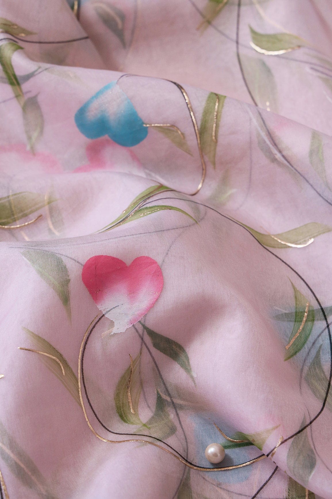 AIzaSyBcstauz-XMPRhEY21AUzeo032pxrXB5Ug - Beautiful Floral Hand Painted With Foil Work On Pink Organza Fabric