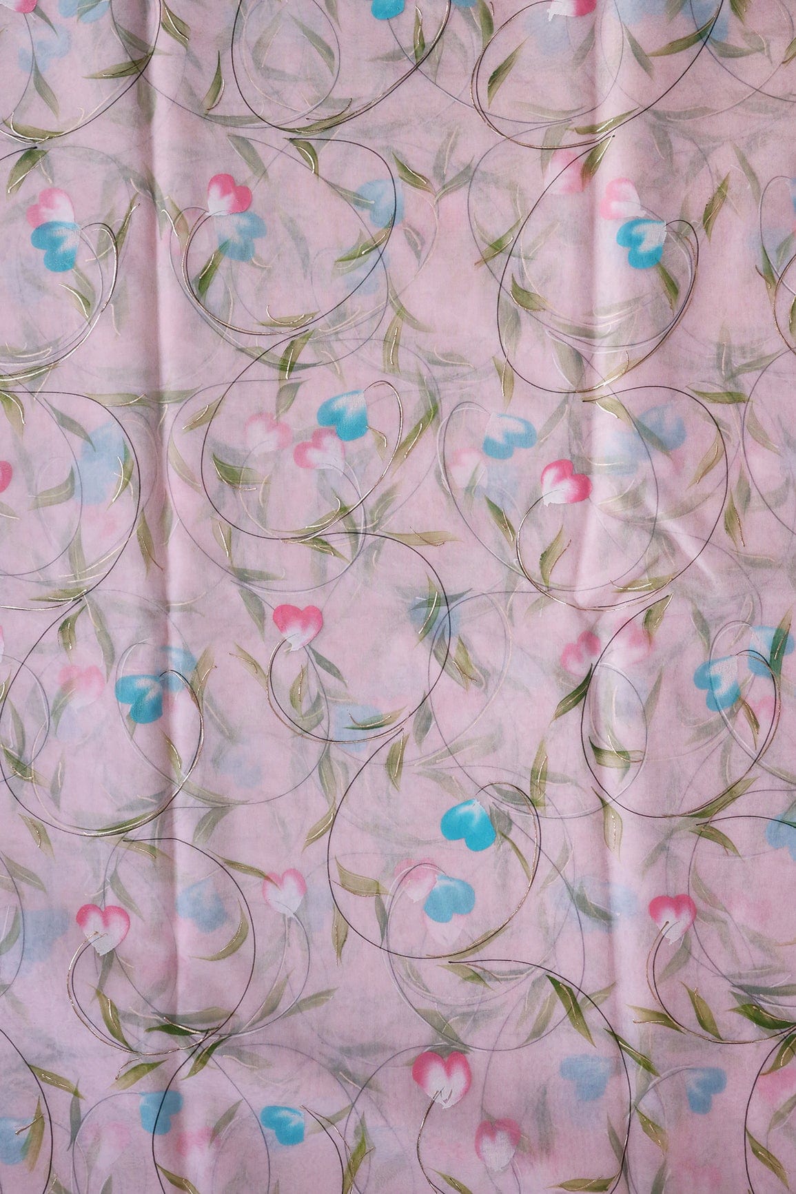 AIzaSyBcstauz-XMPRhEY21AUzeo032pxrXB5Ug - Beautiful Floral Hand Painted With Foil Work On Pink Organza Fabric