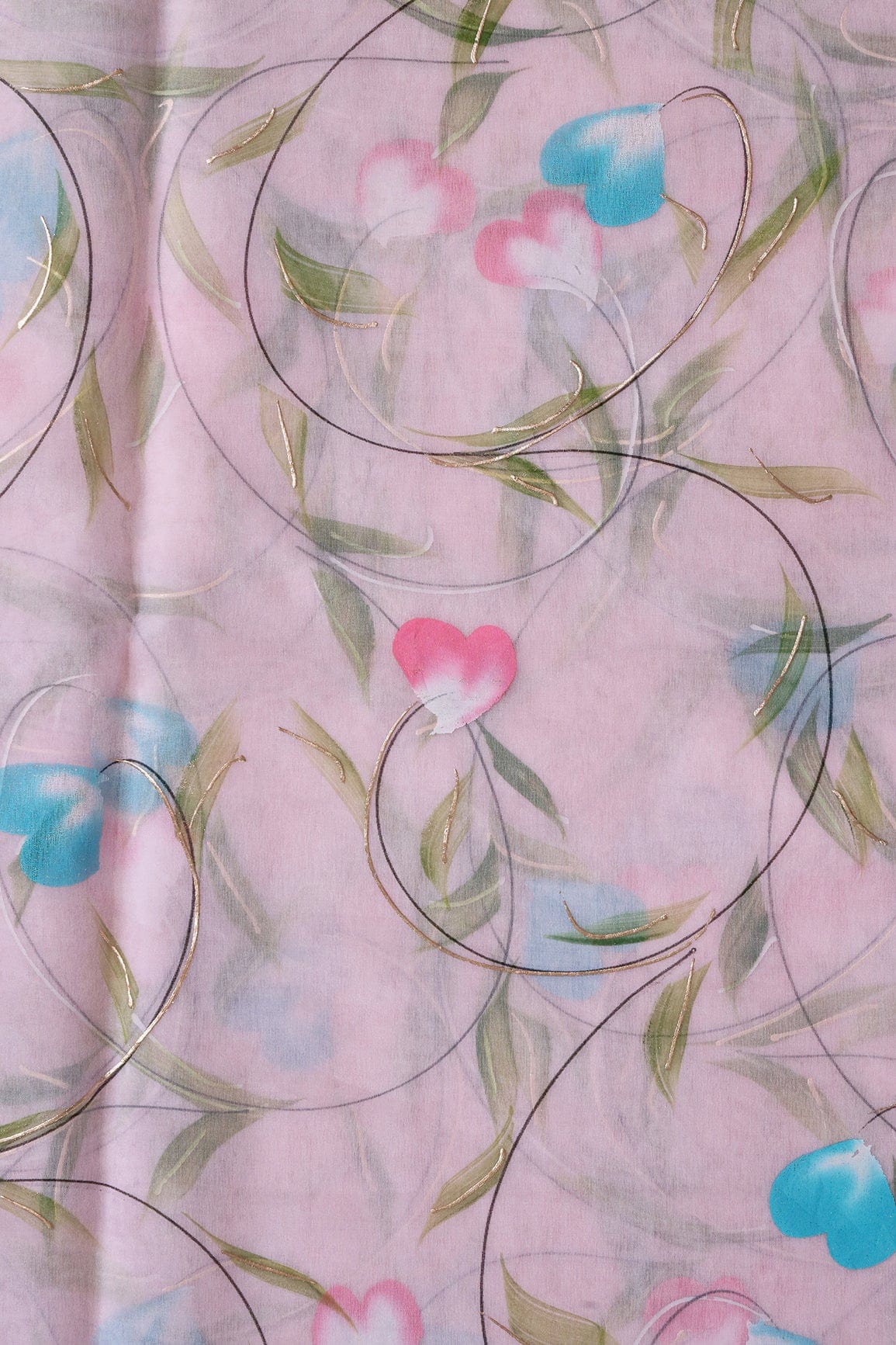 AIzaSyBcstauz-XMPRhEY21AUzeo032pxrXB5Ug - Beautiful Floral Hand Painted With Foil Work On Pink Organza Fabric