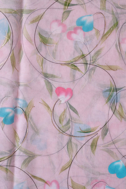 AIzaSyBcstauz-XMPRhEY21AUzeo032pxrXB5Ug - Beautiful Floral Hand Painted With Foil Work On Pink Organza Fabric