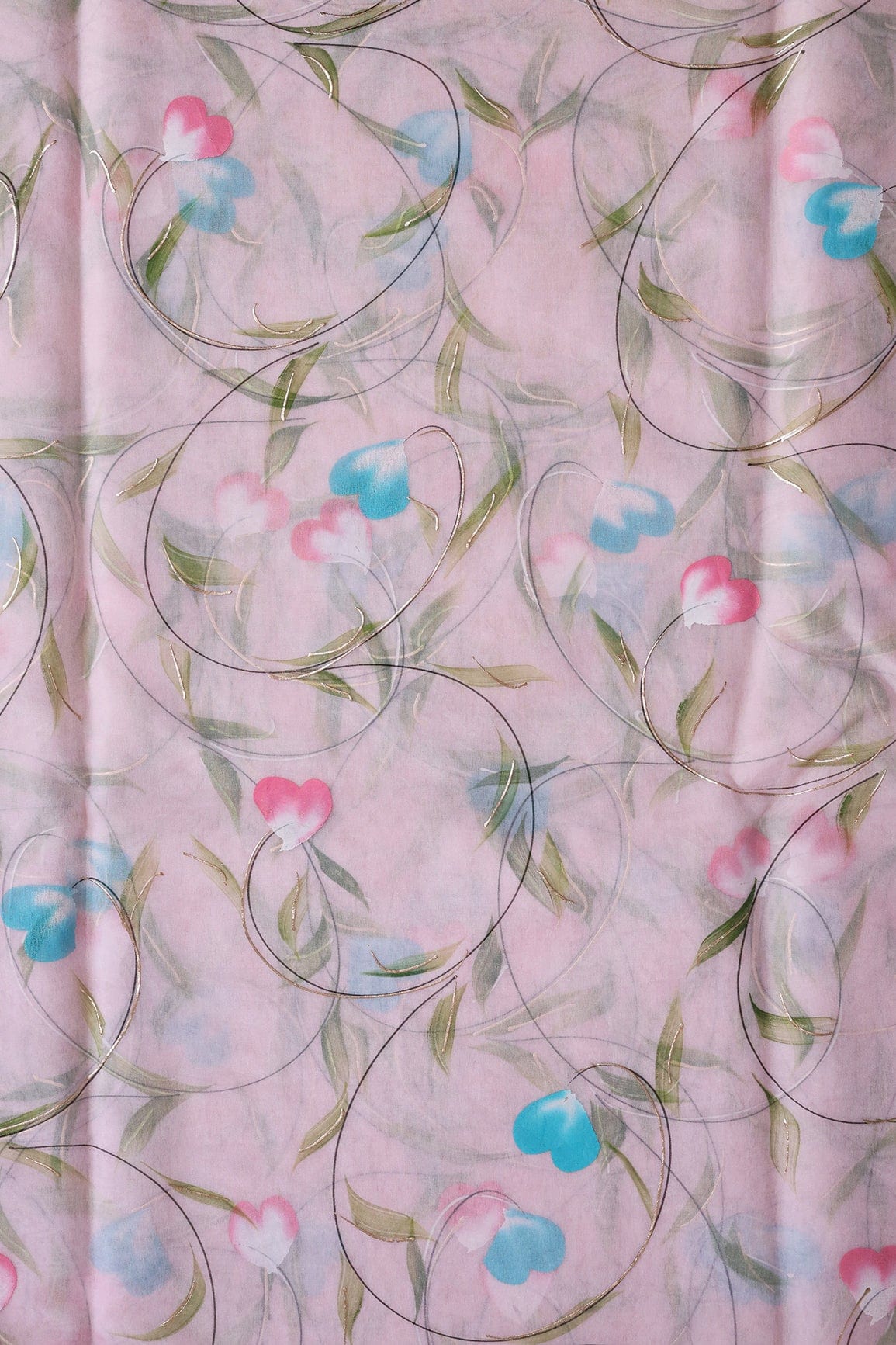 AIzaSyBcstauz-XMPRhEY21AUzeo032pxrXB5Ug - Beautiful Floral Hand Painted With Foil Work On Pink Organza Fabric