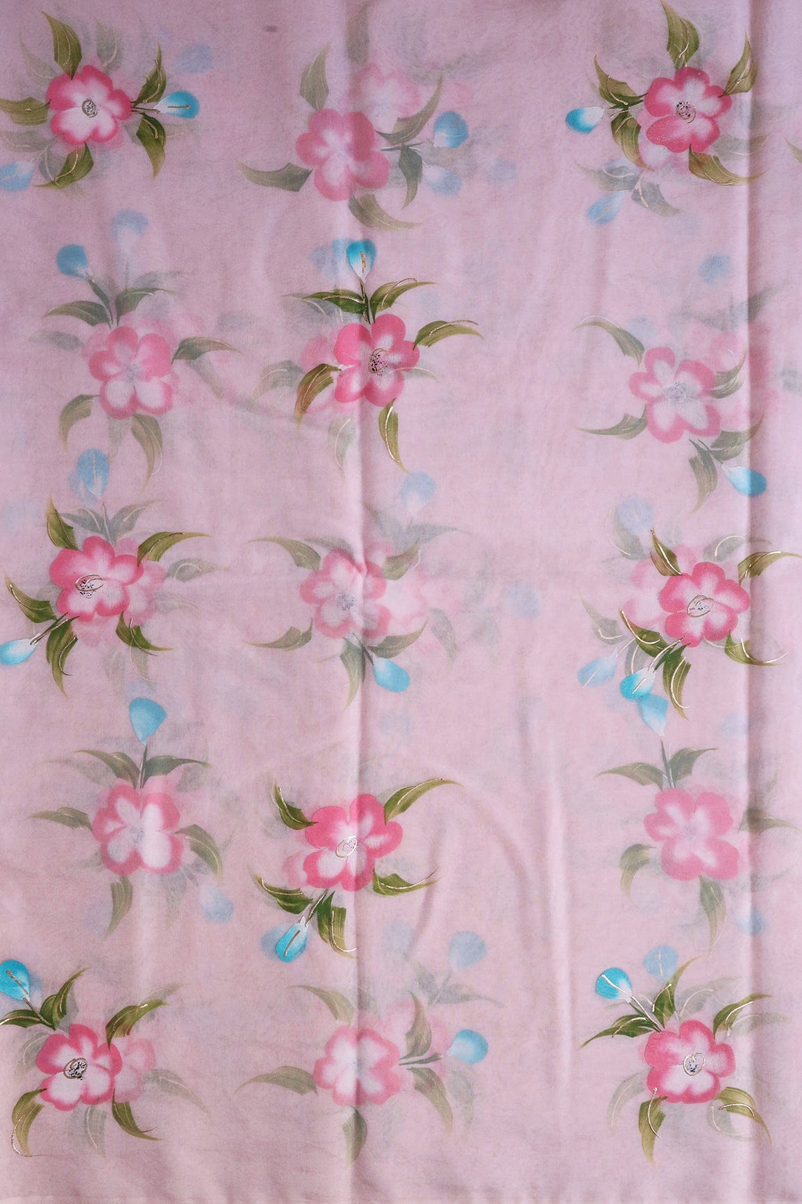 AIzaSyBcstauz-XMPRhEY21AUzeo032pxrXB5Ug - Beautiful Floral Hand Painted With Foil Work On Pink Organza Fabric