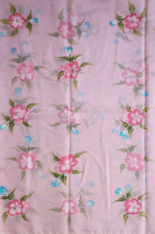 AIzaSyBcstauz-XMPRhEY21AUzeo032pxrXB5Ug - Beautiful Floral Hand Painted With Foil Work On Pink Organza Fabric