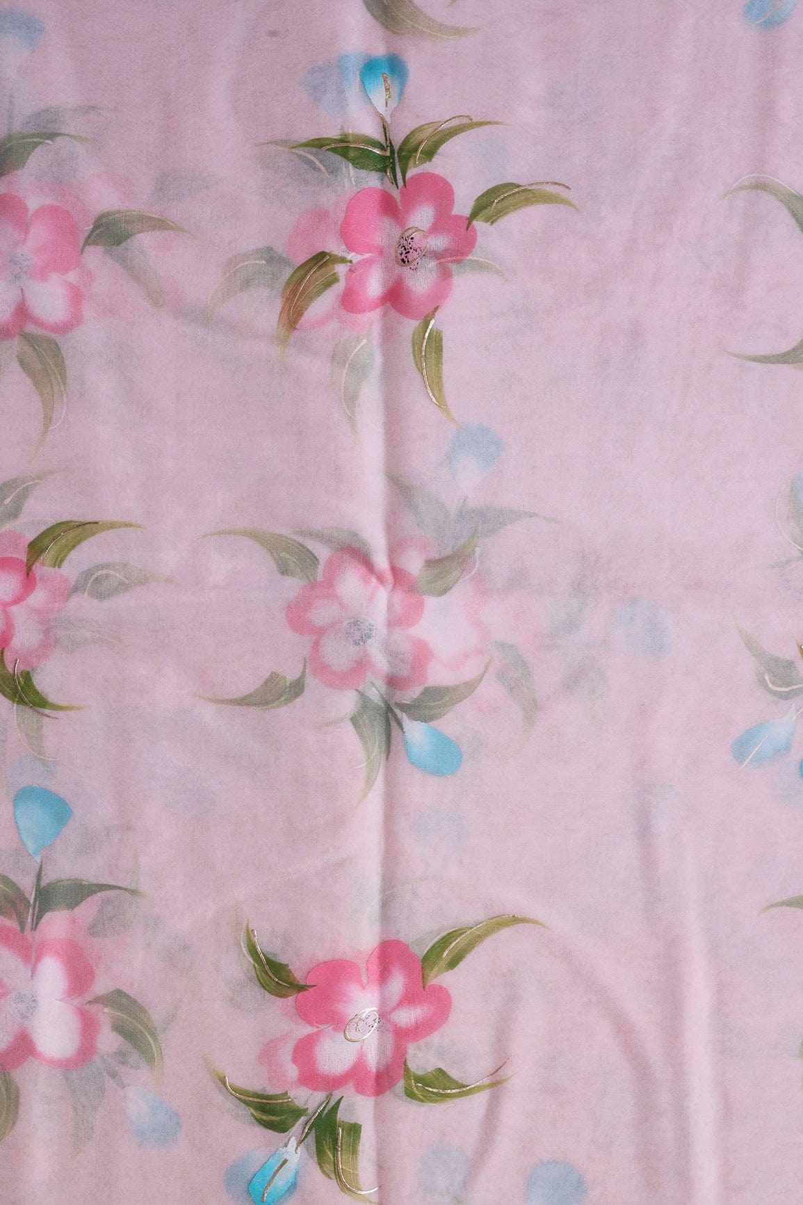 AIzaSyBcstauz-XMPRhEY21AUzeo032pxrXB5Ug - Beautiful Floral Hand Painted With Foil Work On Pink Organza Fabric