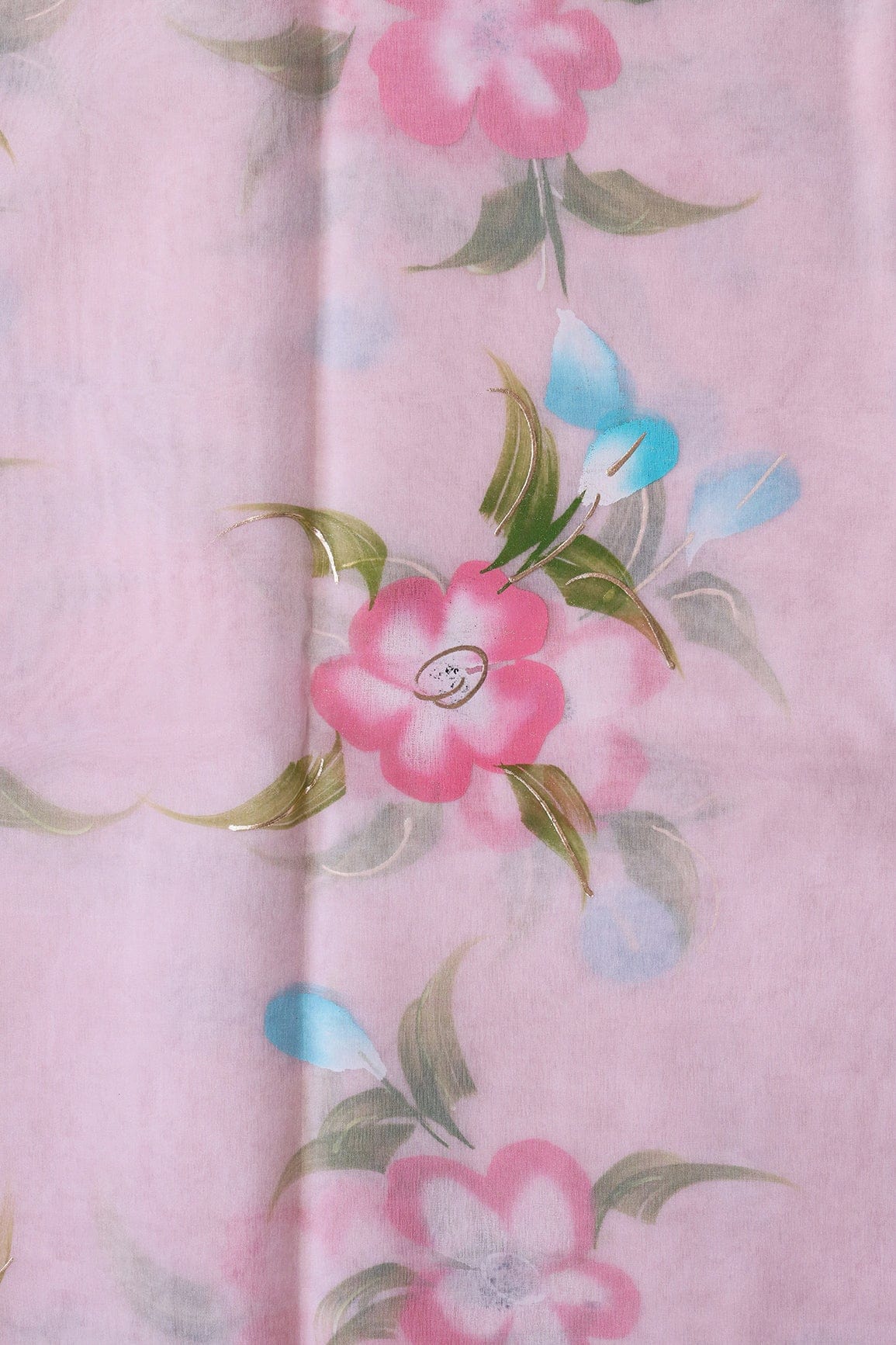 AIzaSyBcstauz-XMPRhEY21AUzeo032pxrXB5Ug - Beautiful Floral Hand Painted With Foil Work On Pink Organza Fabric